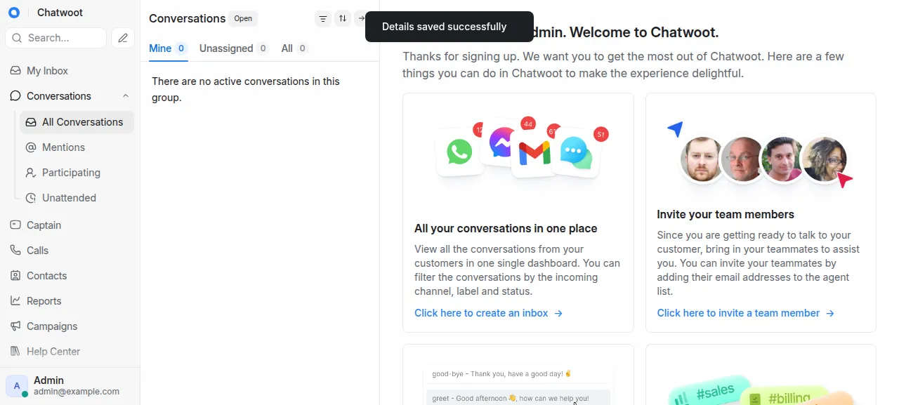 The Chatwoot welcome screen and empty conversations list after signing in